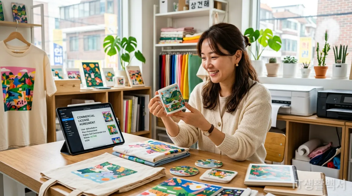 AI 생성 디자인이 적용된 상업용 제품들을 검토하는 한국인 사업가