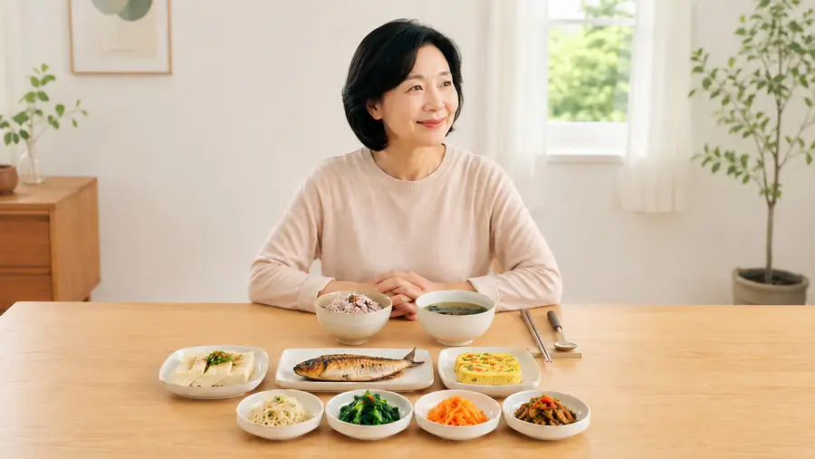 밝은 식탁에서 잡곡밥, 나물 반찬, 두부, 달걀, 생선이 놓인 균형 잡힌 한국식 식사를 여유 있게 먹는 한국인 중년 성인의 모습