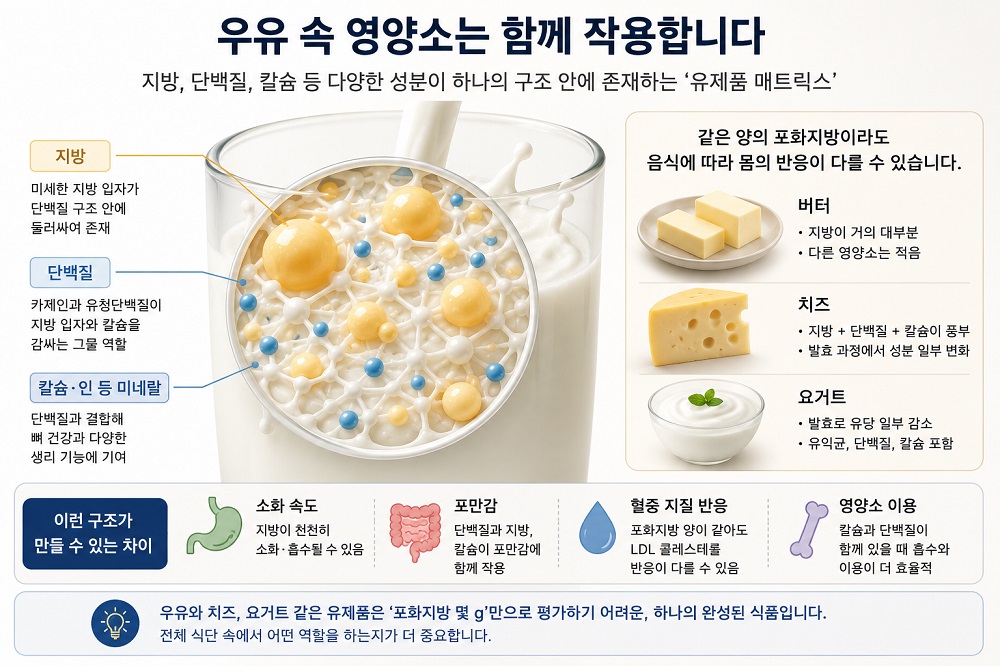 우유 속 지방 단백질 칼슘이 하나의 식품 구조 안에 함께 들어 있는 모습을 표현한 영양 구조 이미지