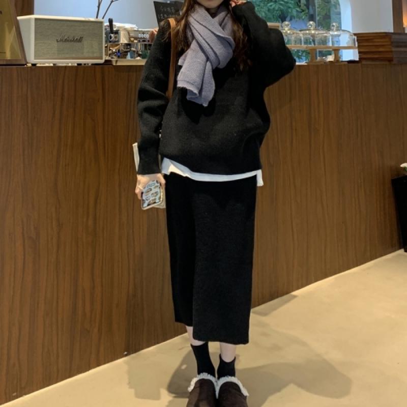 여성 로비드리온 래글런 니트 스커트 세트