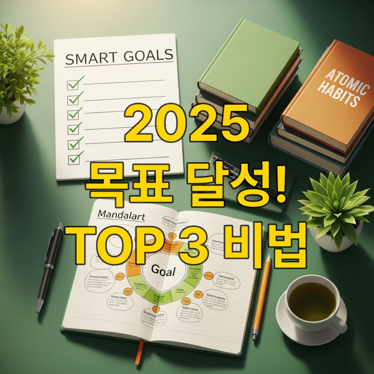 책상 위 만다라트 계획표, 스마트 목표 목록, 책이 놓여 있어 목표 설정과 자기 계발을 상징하는 이미지