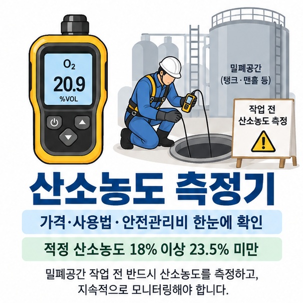 산소농도 측정기와 O2 수치 가격 사용법 안전관리비 핵심 내용을 함께 보여주는 교육용 이미지