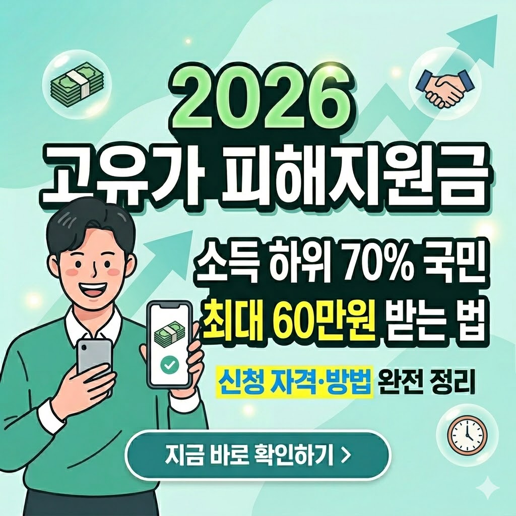 2026 고유가 피해지원금'이라는 크고 굵은 제목과 함께, 노트북과 스마트폰을 든 남성 일러스트가 그려진 정사각형 썸네일. 남성은 스마트폰에 돈 상자와 체크 표시가 있는 화면을 보여주고 있습니다. 제목 아래로 '소득 하위 70% 국민', '최대 60만원 받는 법'이라는 문구와 함께, 주변에 코인, 악수, 시계 아이콘이 배치되어 있습니다. 가장 하단에는 '신청 자격&middot;방법 완전 정리'라는 문구와 함께 '지금 바로 확인하기 >' 버튼이 있습니다.