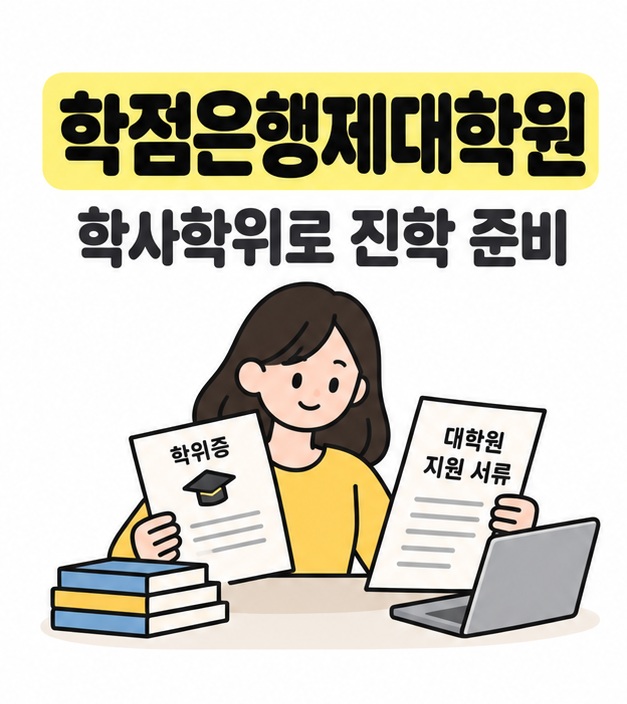 학점은행제대학원 제목과 학사학위로 진학 준비 문구 아래 학위증과 대학원 지원 서류를 들고 노트북 앞에 앉은 학습자를 그린 그림