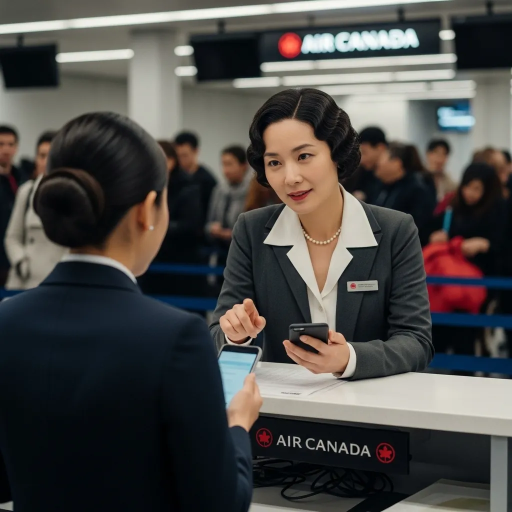 에어캐나다 파업으로 인해 고객 서비스 카운터에서 대체 항공편을 문의하고 있는 여성 승객
