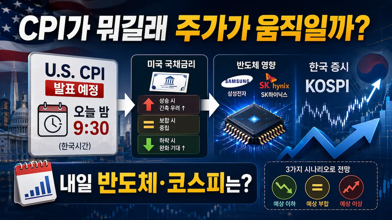 미국 CPI 발표와 삼성전자 SK하이닉스 및 코스피의 다음 날 움직임을 표현한 대표 이미지
