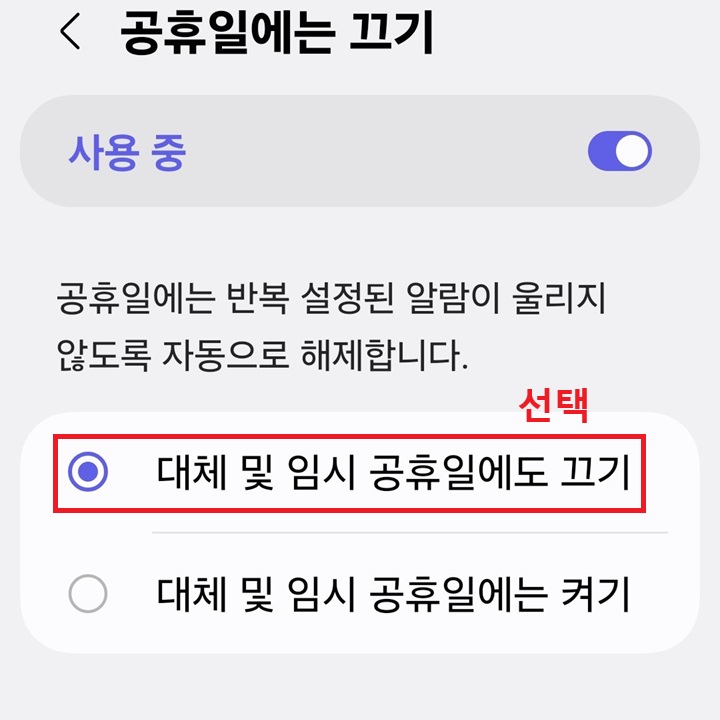 공휴일에는 끄기 설정 페이지 보임