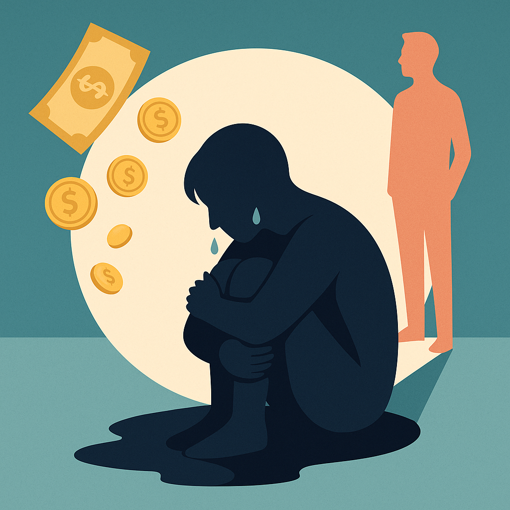 돈 앞에서 작아진 사람의 실루엣과 눈물