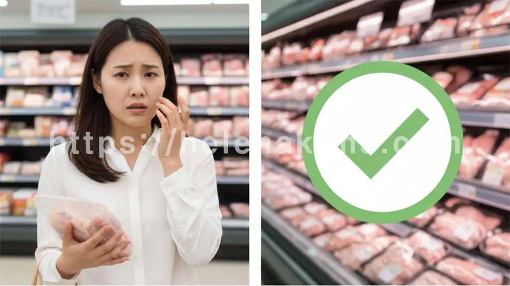 여성이 마트에서 생 닭을 사면서 걱정하는 모습.