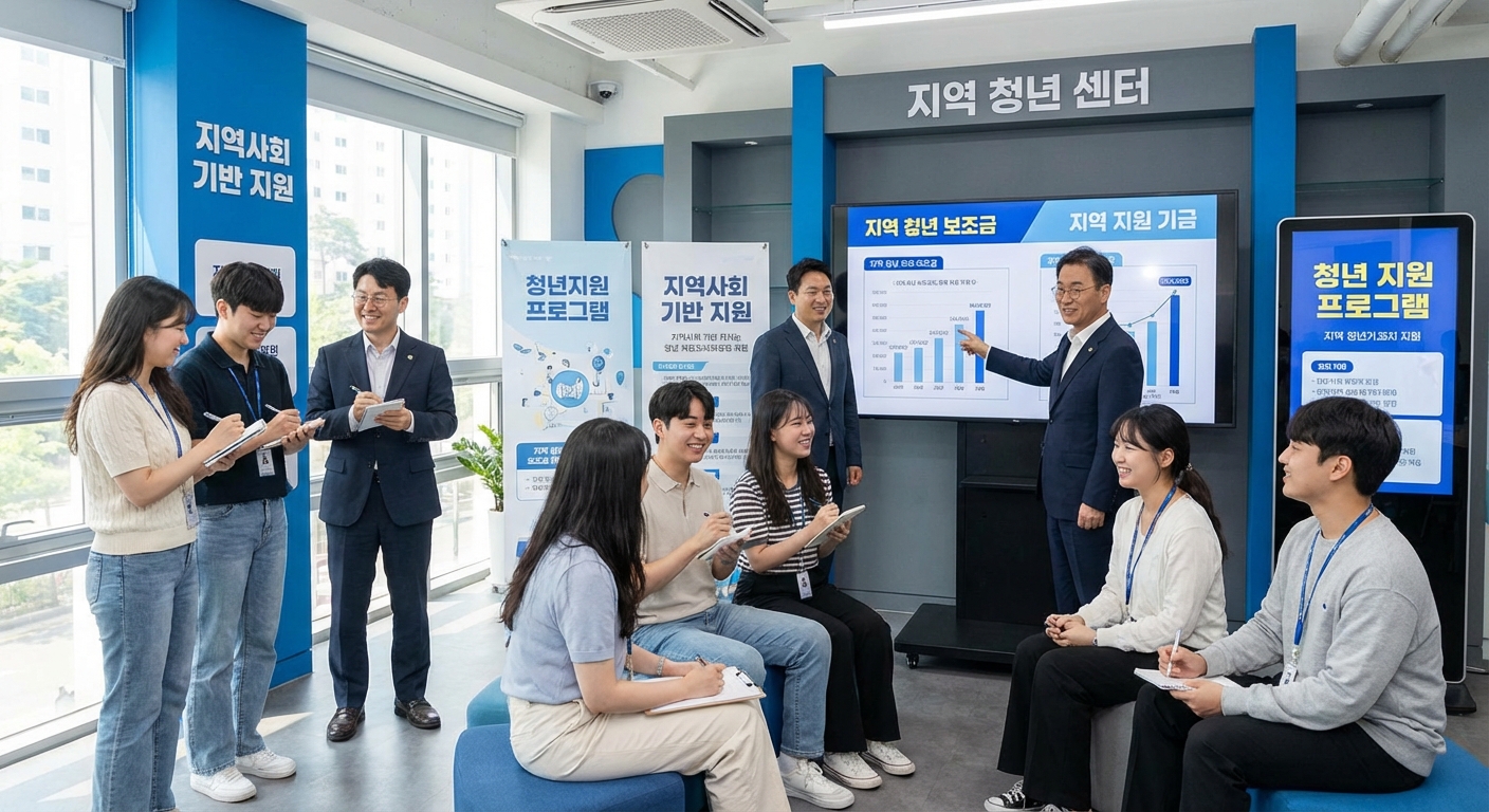지역 청년센터에서 청년들이 다양한 지역 특화 지원금 정보를 얻고 상담받는 모습.