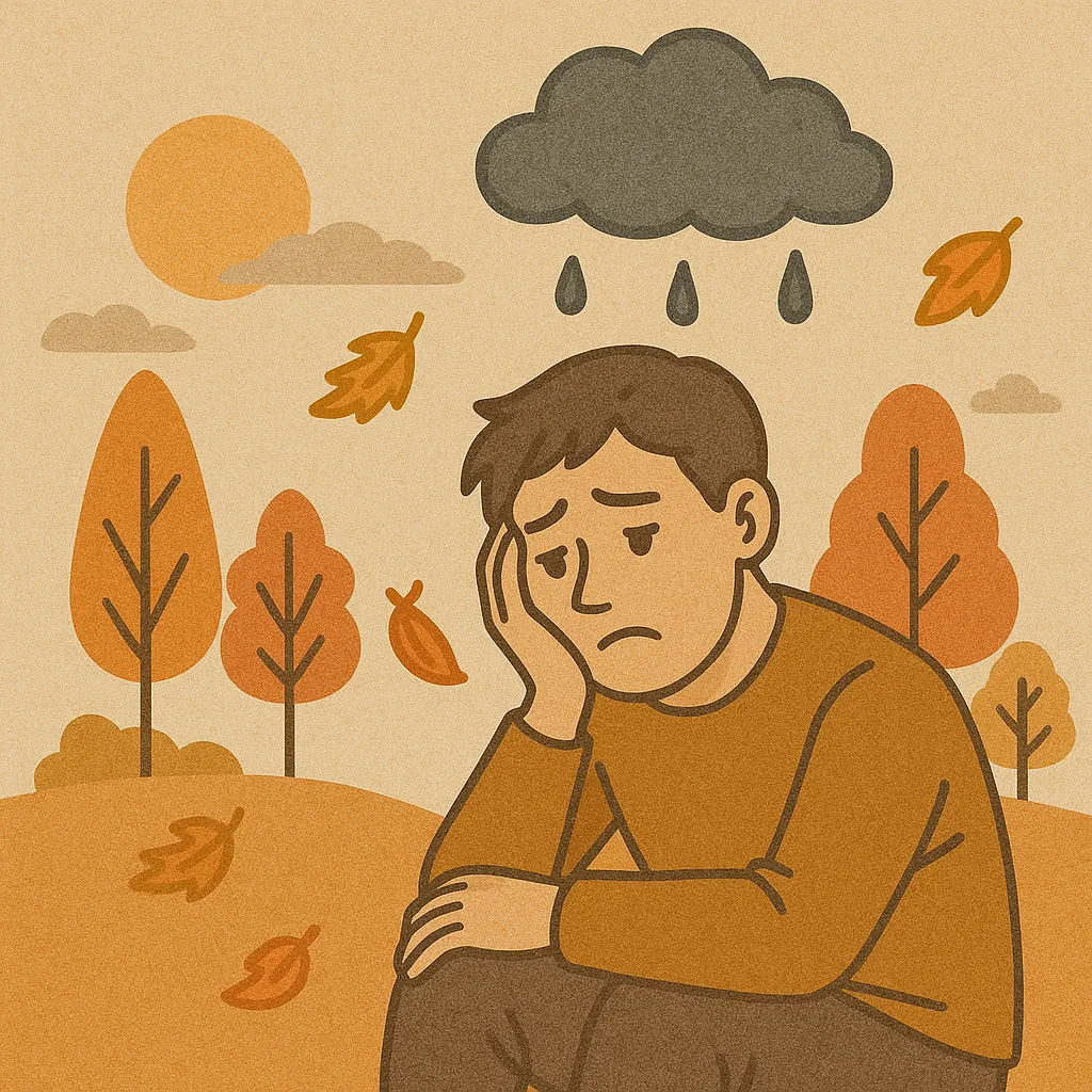 가을-단풍-풍경-속-흐린-구름-아래-고개를-떨군-채-우울해-보이는-남성-주변에-떨어지는-낙엽