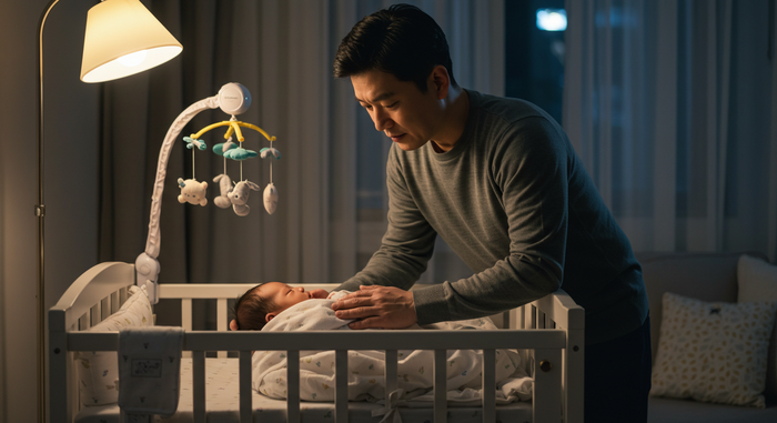 아기가 포근히 속싸개에 감싼 장면