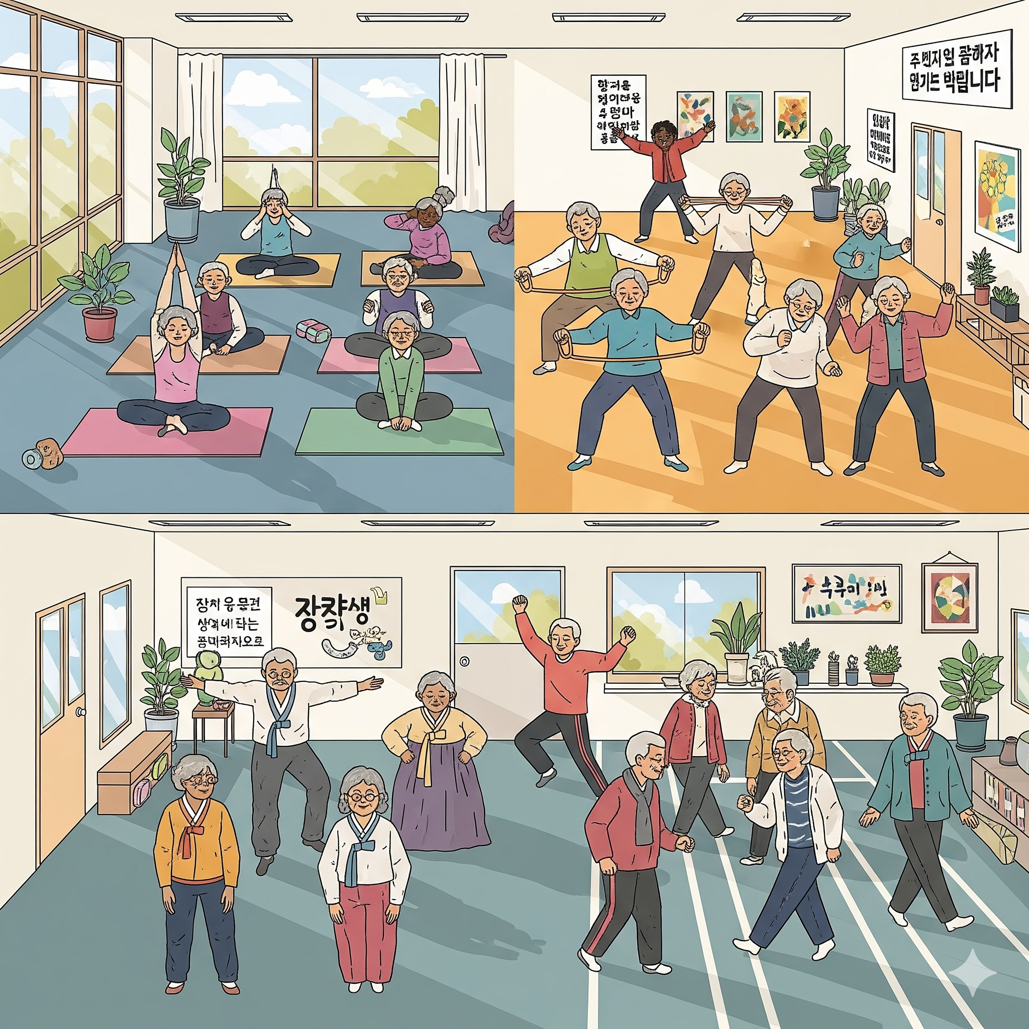 지역 센터에서 건강체조, 요가, 걷기 등의 프로그램에 참여