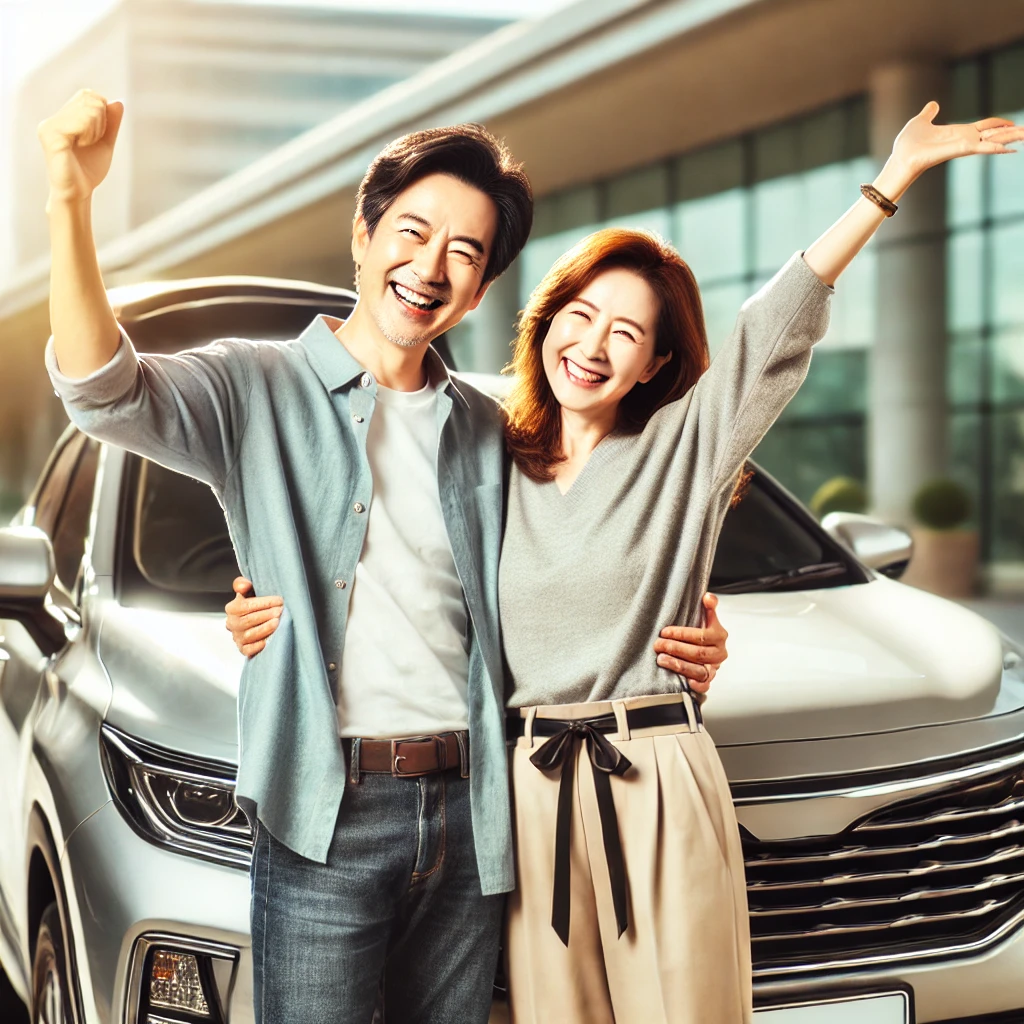신차을 받고 기뻐하는 중년 부부의 모습 이미지