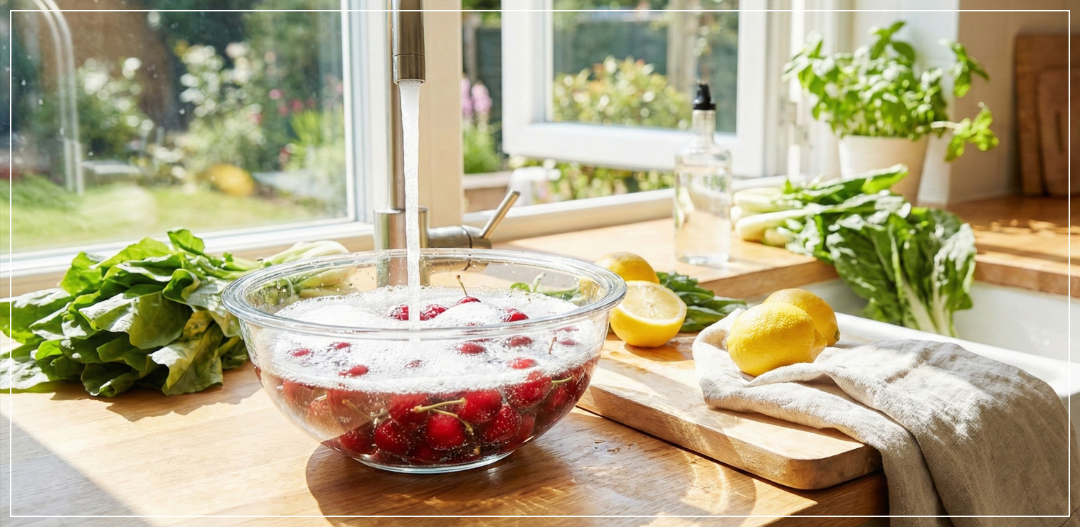 싱싱한 체리를 베이킹소다물에 세척하고 키친타월로 물기를 닦아내는 이미지