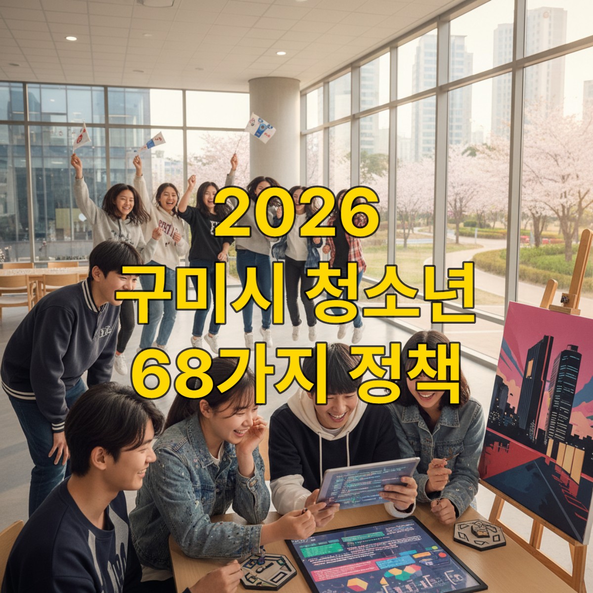 2026년 구미시의 다양한 청소년 정책 혜택을 받으며 활기차게 활동하는 한국 청소년들의 모습.