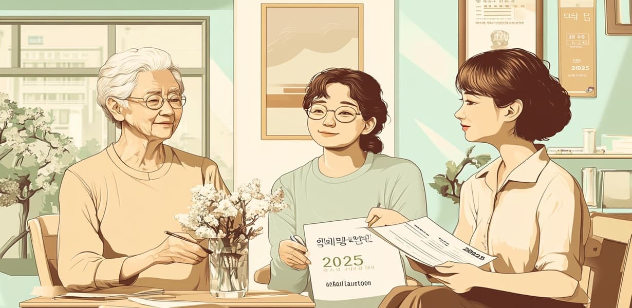 노인이 “2025 중위소득” 문서를 들고 막대그래프 앞에서 수급 기준을 살펴보는 모습