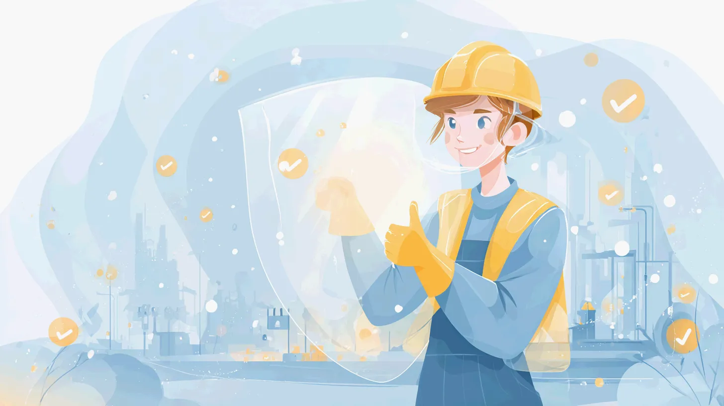알바 산재보험: 노란색 안전 헬멧과 작업복을 입은 제조업 알바생이 엄지척을 하며 밝게 웃고 있다. 뒤에는 투명한 방패가 작업자를 보호하듯 감싸고 있으며, 주변에 체크마크 아이콘들이 떠있다. 공장 배경이 흐릿하게 보이며, 알바 산재보험으로 보호받는 안전한 작업 환경을 상징하는 일러스트.