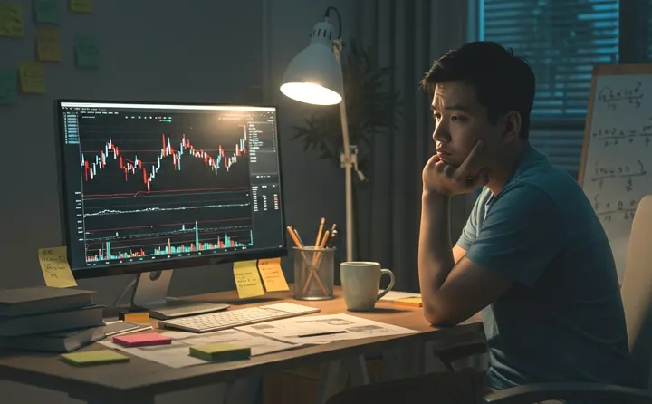 야간에 주식 차트를 분석하는 남성 투자자