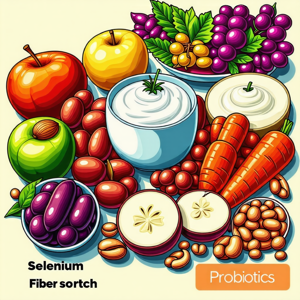 유산균, 식이섬유, 셀레늄이 들어있는 과일 및 채소 그림