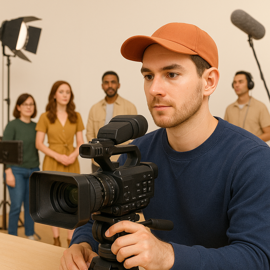 모자 쓴 남성이 카메라를 들고 무언갈 찍고있음. 남자 뒤에는 2명의 남자와 2명의 여자가 있고 촬영 현장으로 보임.