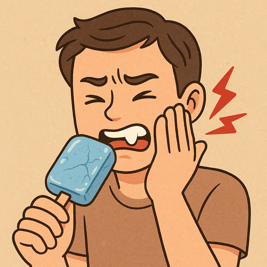 얼음처럼-찬-아이스크림을-먹으며-치통을-느끼는-남성의-모습으로,-차가운-자극이-치아의-민감한-신경에-영향을-줘-통증을-유발하는-원리를-상징적으로-표현한-이미지