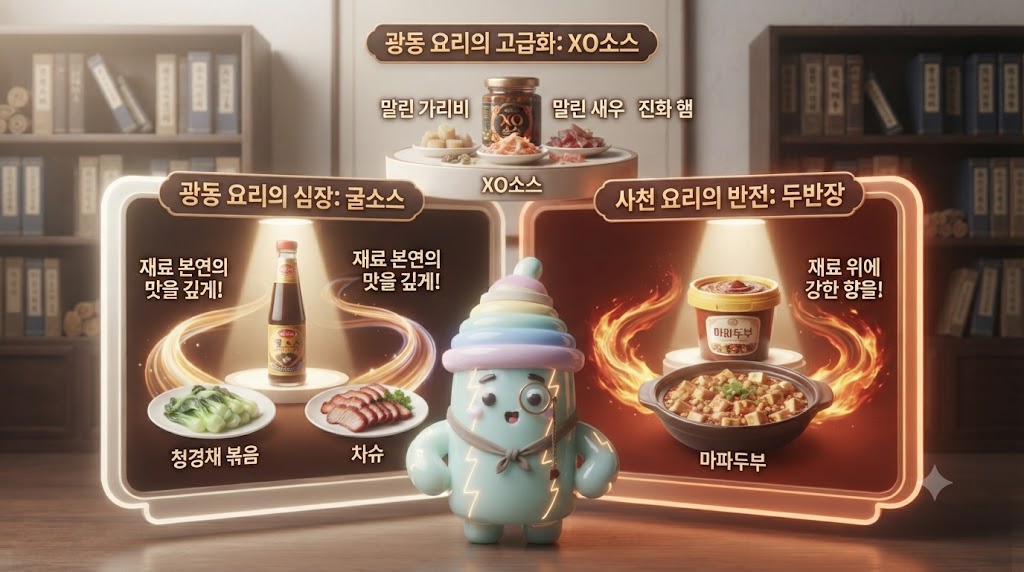 왼쪽 '광동' 섹션에서는 재료의 맛을 살리는 '굴소스'가 청경채 볶음과 함께 빛나고, 오른쪽 '사천' 섹션에서는 향을 덮어씌우는 '두반장'이 마파두부 위에 강렬하게 표현됩니다. 중앙 상단에는 고급화 버전인 'XO소스'가 말린 가리비, 새우 등 재료와 함께 별도로 강조됩니다.