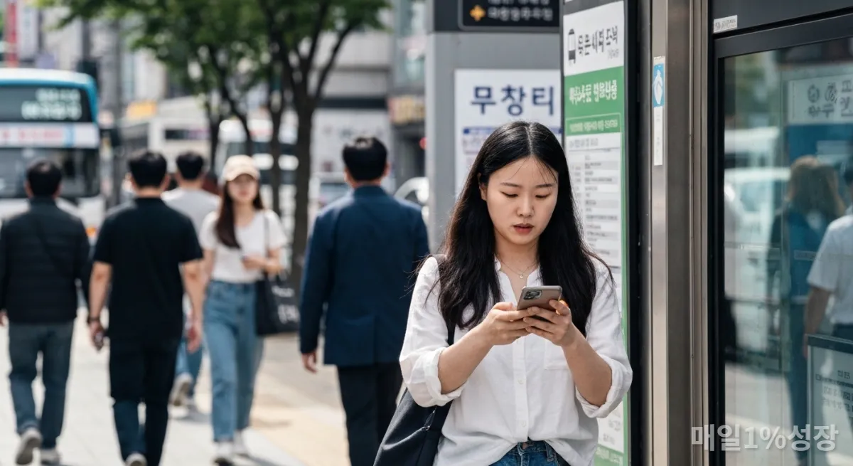 번화가에서 스마트폰으로 대중교통 정보를 확인하는 한국인