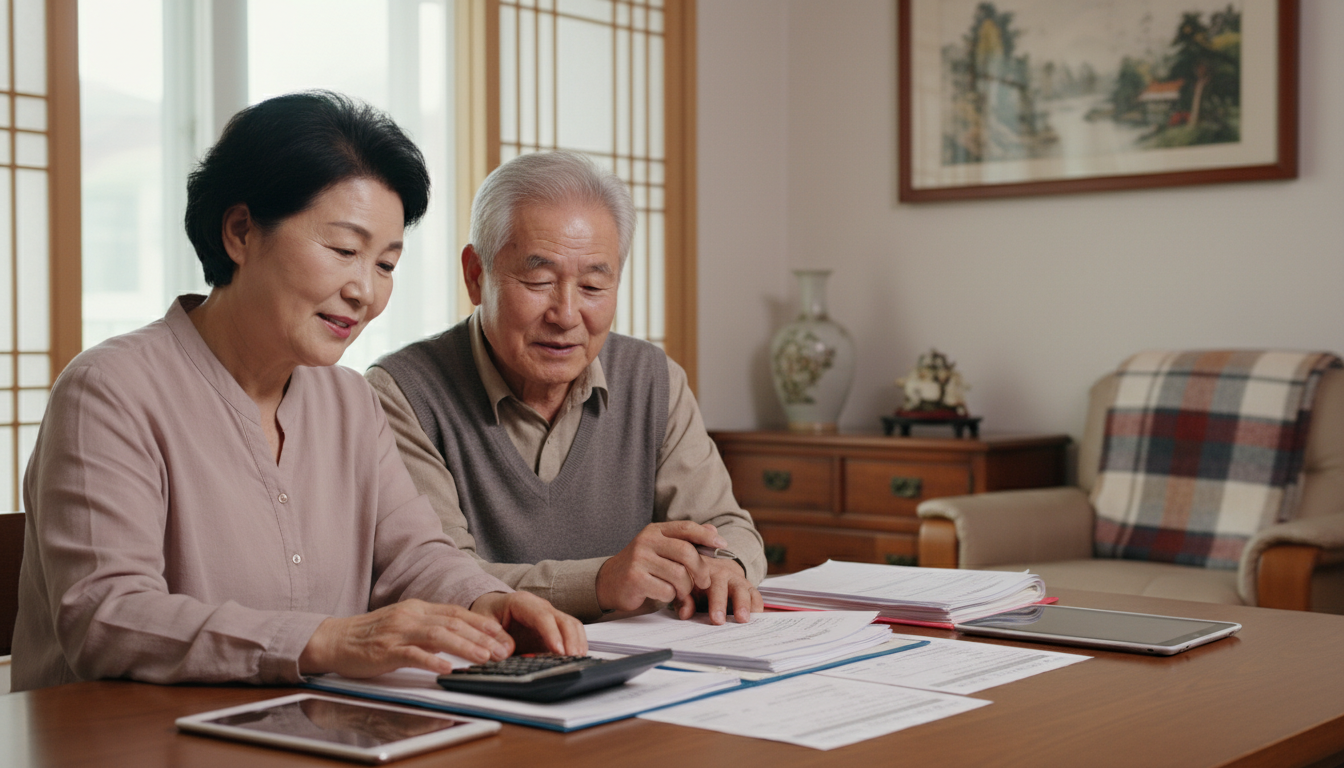 한국인 노부부가 집에서 계산기로 기초연금 서류를 검토하며 안도하는 모습