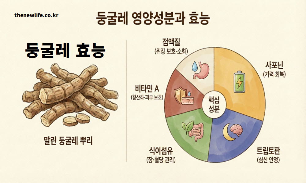 둥굴레 효능을 만들어내는 영양 성분들의 균형과 작용을 설명하는 이미지