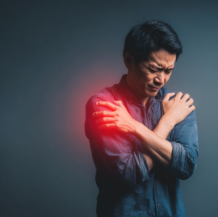 어깨 통증으로 고통받는 남성