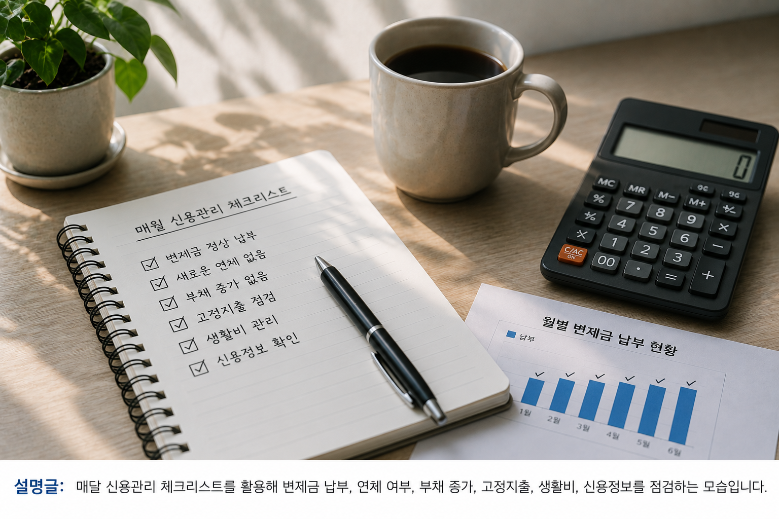 채무조정 중 매월 신용점수와 부채 관리 항목을 점검하는 모습