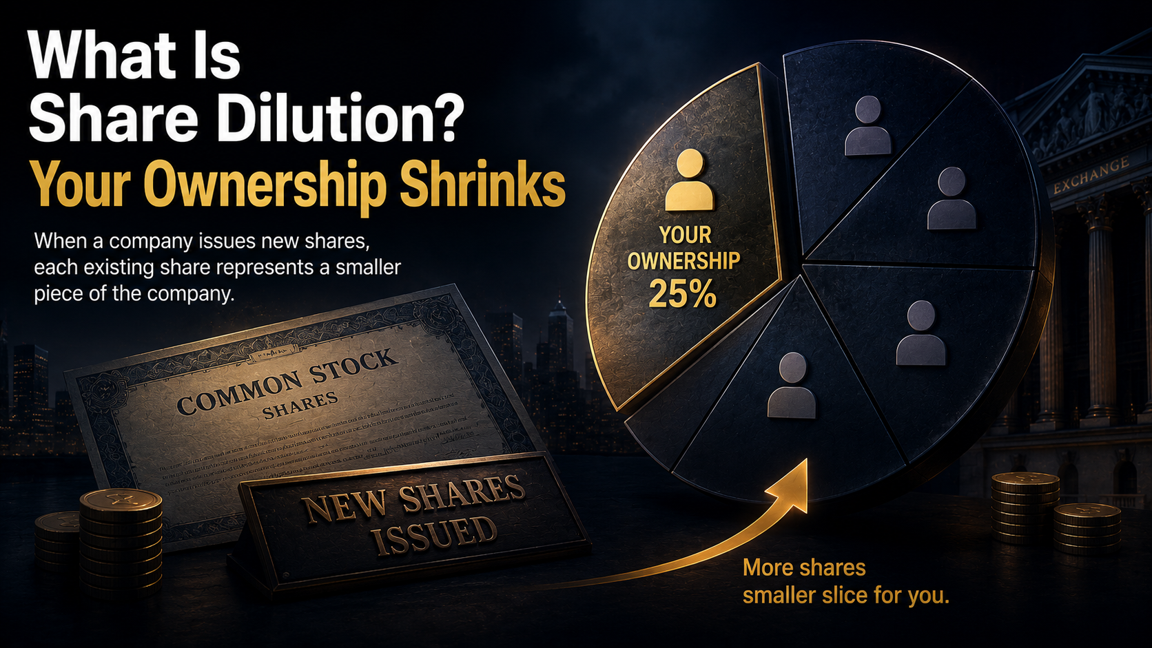 Illustration explaining Share Dilution and how issuing new shares reduces shareholder ownership and per-share value.