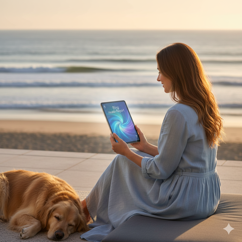 해변 테라스에서 여성이 태블릿의 데이터 그래프를 편안히 바라보는 모습