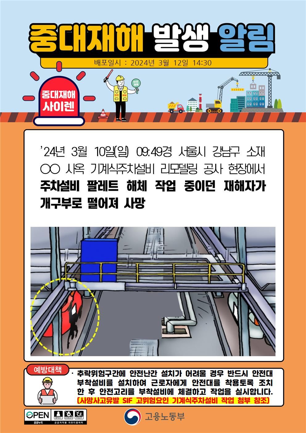 주차설비 팔레트 해체 작업 중 개구부로 떨어짐