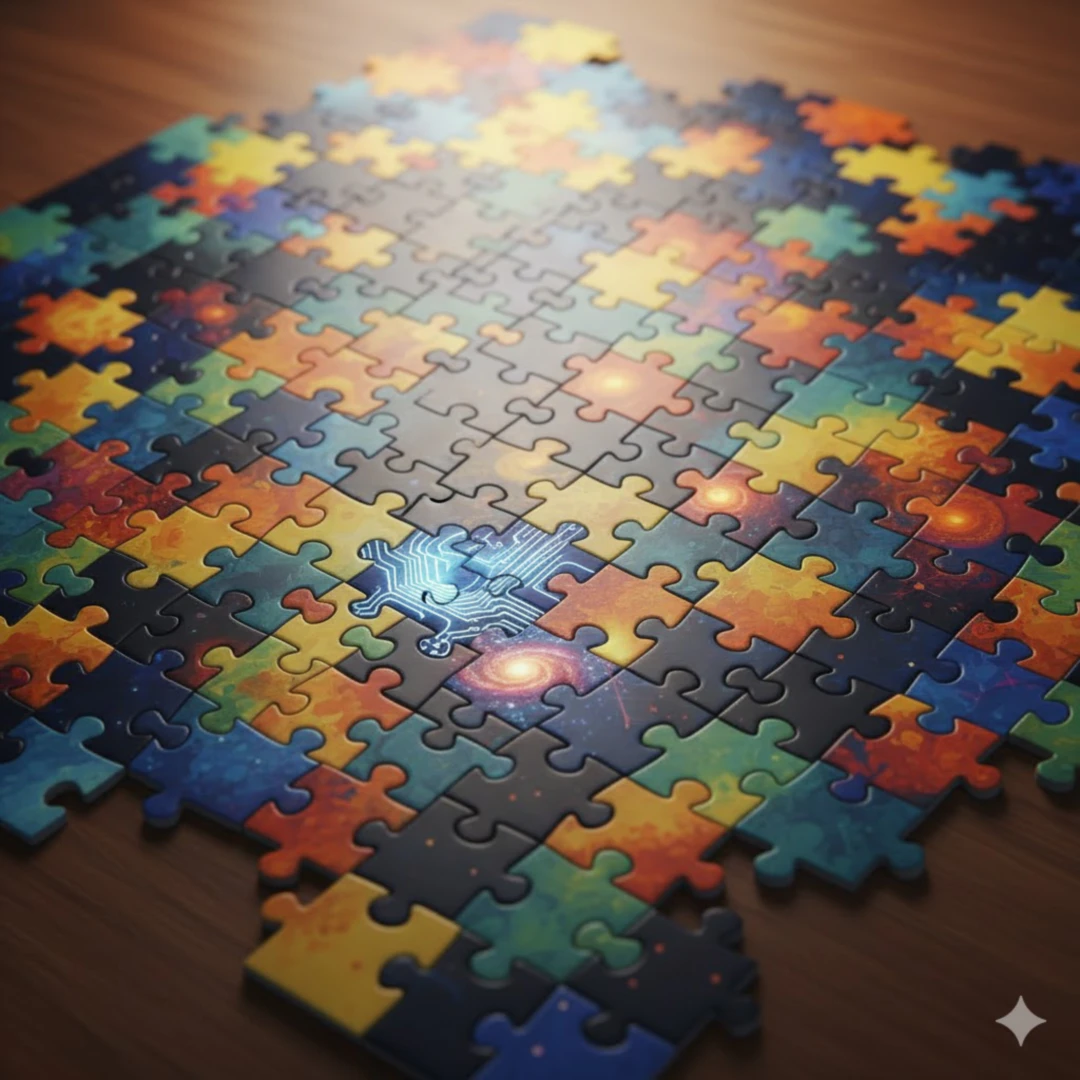 다양한 모양과 색깔의 퍼즐 조각들이 서로 맞물려 하나의 완전한 그림을 이루는 모습입니다. 이 퍼즐 조각들 중 하나 또는 몇 개는 독특한 형태나 색상을 가지고 있지만&amp;#44; 전체 그림 속에서 완벽하게 조화를 이루고 있습니다. 이는 개개인의 다름이 모여 아름다운 사회를 이룰 수 있음을 의미합니다. 