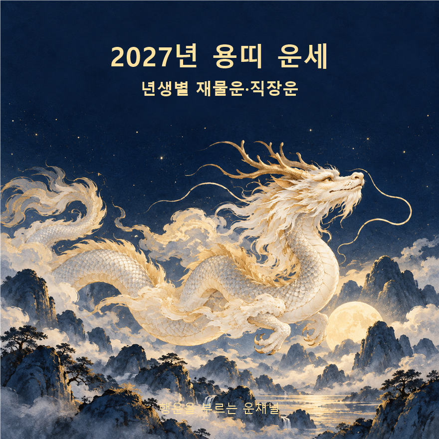 2027년 용띠 운세를 상징하는 금빛 용과 남색 밤하늘