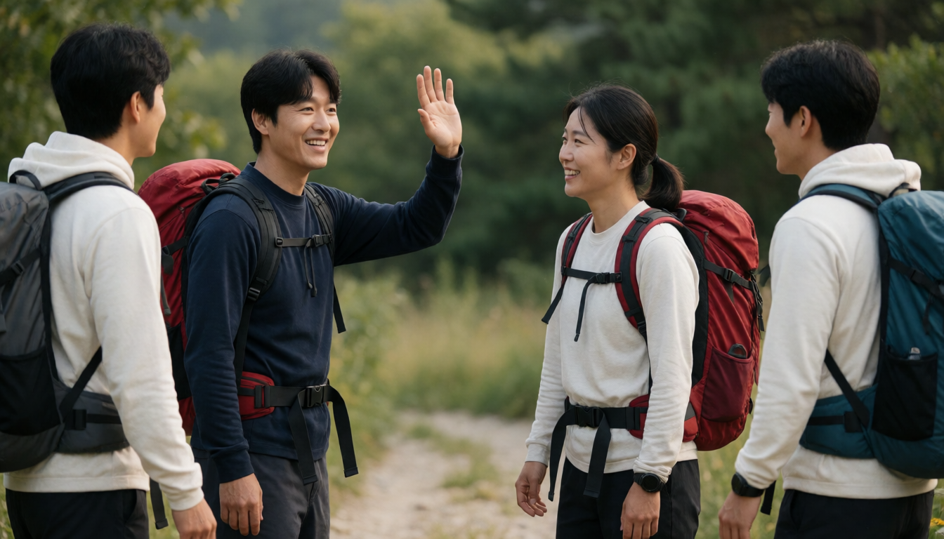 한 사람이 손을 들어 인사하고 다른 세 사람이 바라보는 모습