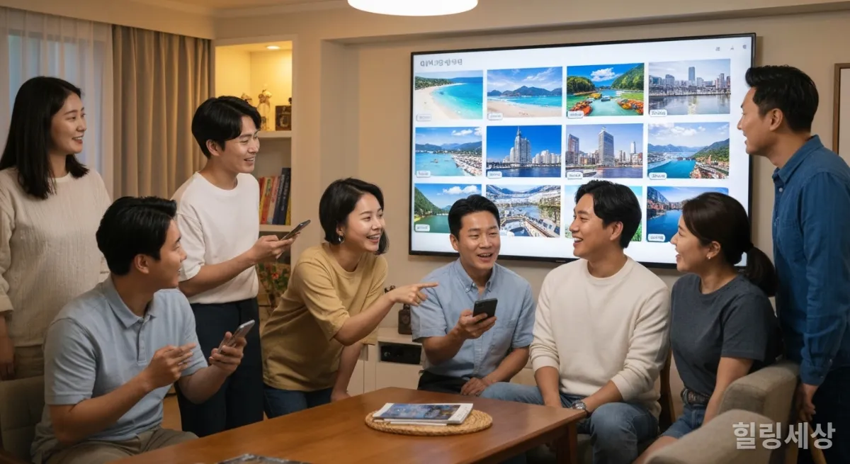 거실에서 친구들과 함께 AI 여행 추천 서비스를 보며 여행지를 고르는 모습