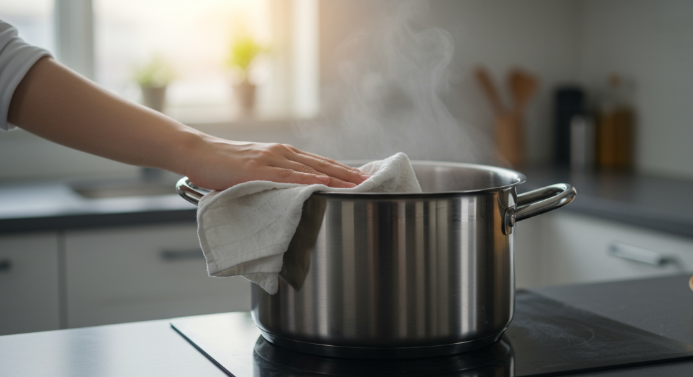 새 스테인리스 냄비에 묻은 연마제를 키친타월로 깨끗하게 닦아내는 모습으로, 건강한 주방 환경을 위한 필수 과정을 강조합니다.