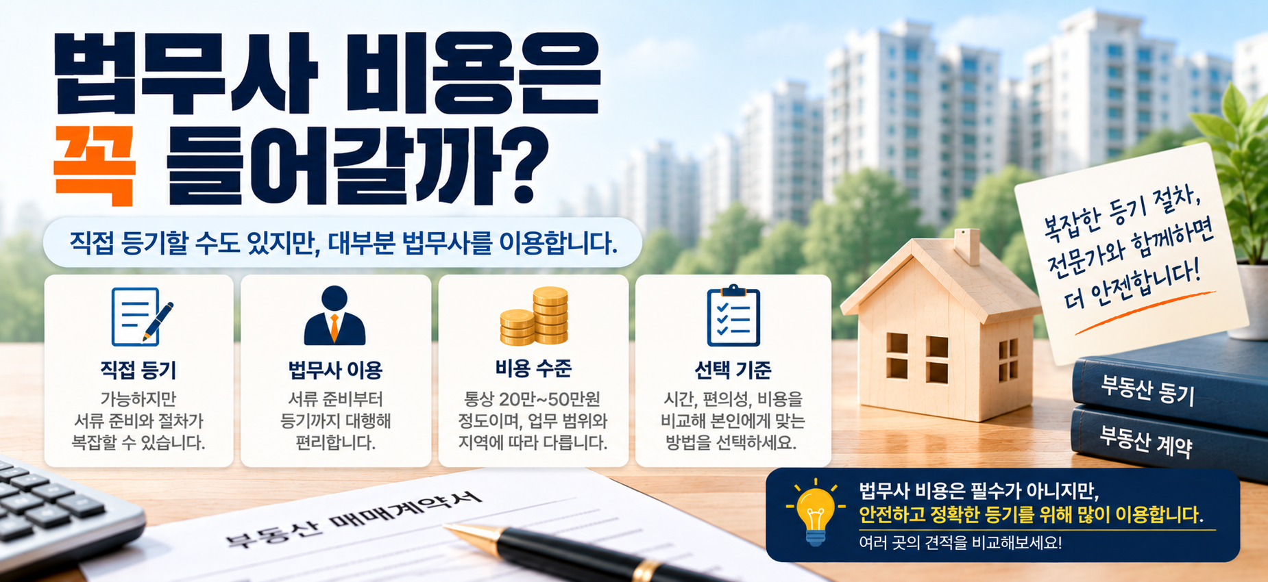 아파트 소유권이전등기 시 법무사 이용과 직접 등기 비용 차이 설명 이미지
