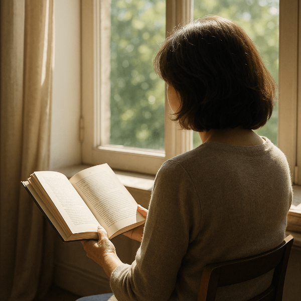 햇살 드는 창가에서 조용히 책을 읽는 중년 여성의 뒷모습, 갱년기 증상 완화에 집중하는 여성의 일상