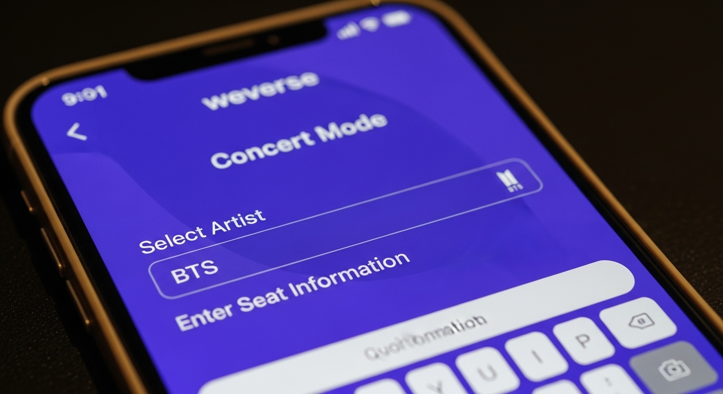 위버스 앱에서 BTS 콘서트 모드 선택 및 좌석 정보 입력 화면 안내