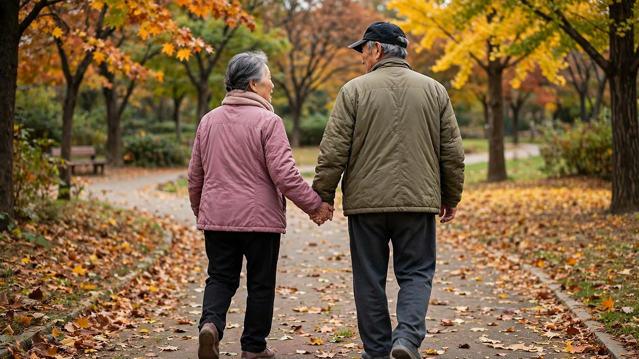 공원 산책로를 함께 걷는 노부부