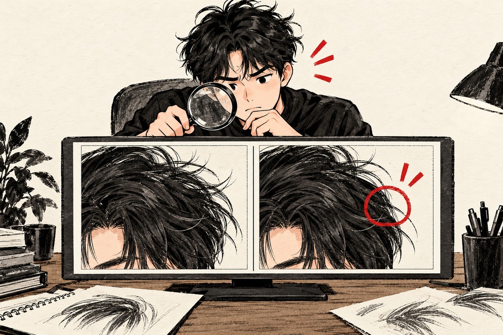 원본과 제거 결과의 잔머리 및 머리 사이 빈틈을 대조하는 삽화