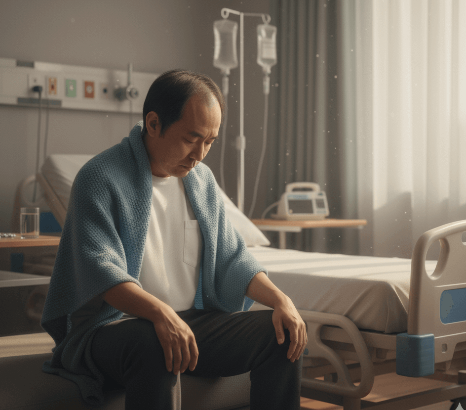 중년남성, 간암환자, 병원, 피로감