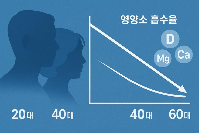50대 60대 영양제 필요성을 보여주는 노화와 영양소 흡수 관계 그래프