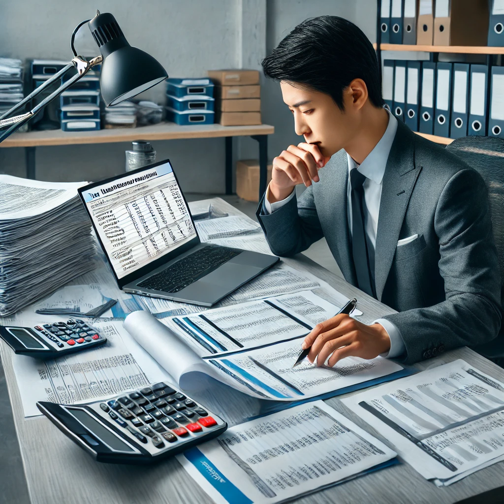 부동산 투자자가 세금 및 건축 비용 내역을 정리하는 장면. 