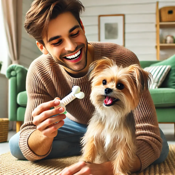 밝은 거실에서 강아지용 덴탈 장난감을 들고 반려견과 즐겁게 노는 젊은 남성의 초고해상도 사진
