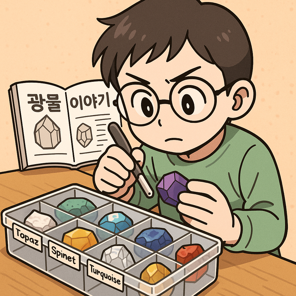 광물 분류와 라벨링을 하는 초보 수집가의 모습